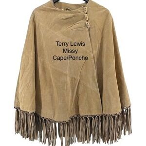 Terry Lewis Tan Suede Leather Fringe Poncho Cape Toggle Button Missy